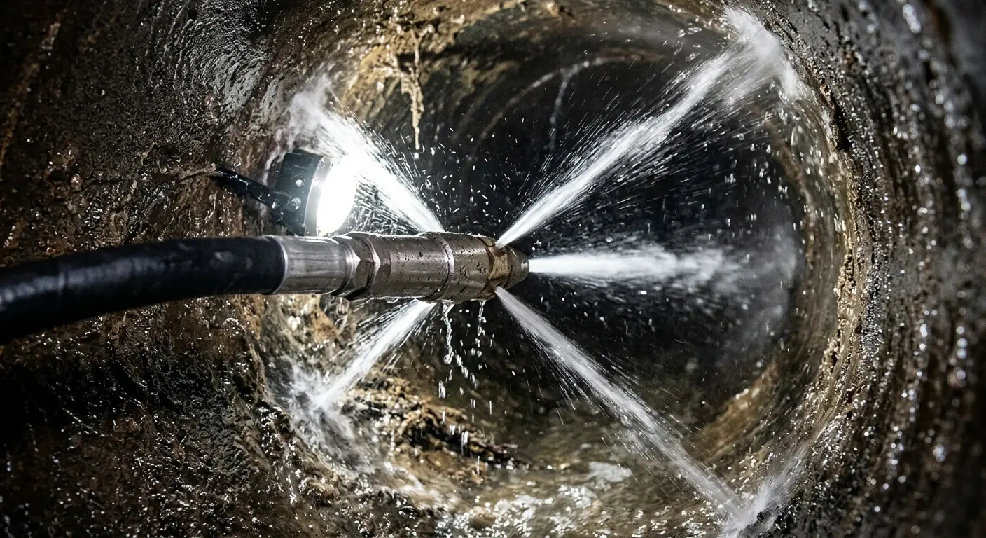 High-pressure hydro jetting nozzle cleaning sewer pipe for Emergency Drain Service in Lower Allen