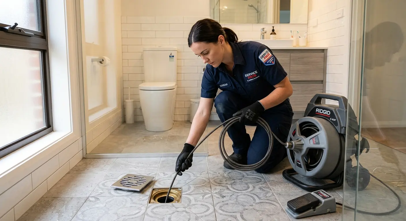Technician clearing a bathroom floor drain for Drain Repair in Lower Allen